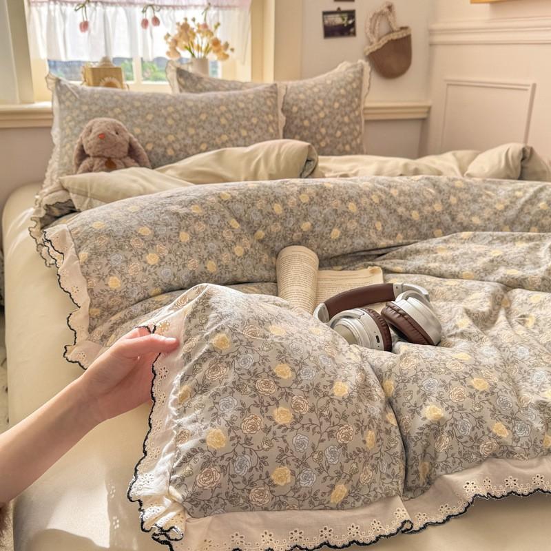 2026 Faux Cotton Washed Lace Bedding Set Floral Duvet Cover