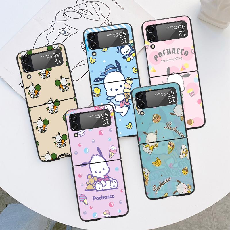 

Case For Samsung Galaxy Z Flip 3 4 5G Black Hard PC Anti-knock Back Luxury Phone Cover Flip3 Flip4 Shell Cartoon Pochacco Fundas