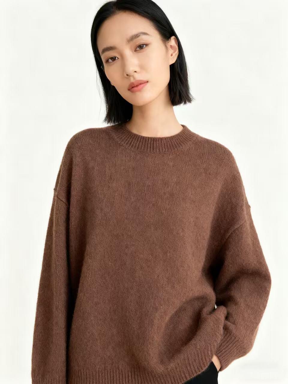 

Women s 2025 Lazy Style 100% Wool Knit Round Neck Sweater: New Autumn/Winter Loose Plush Long-Sleeved Pullover Large кофейный