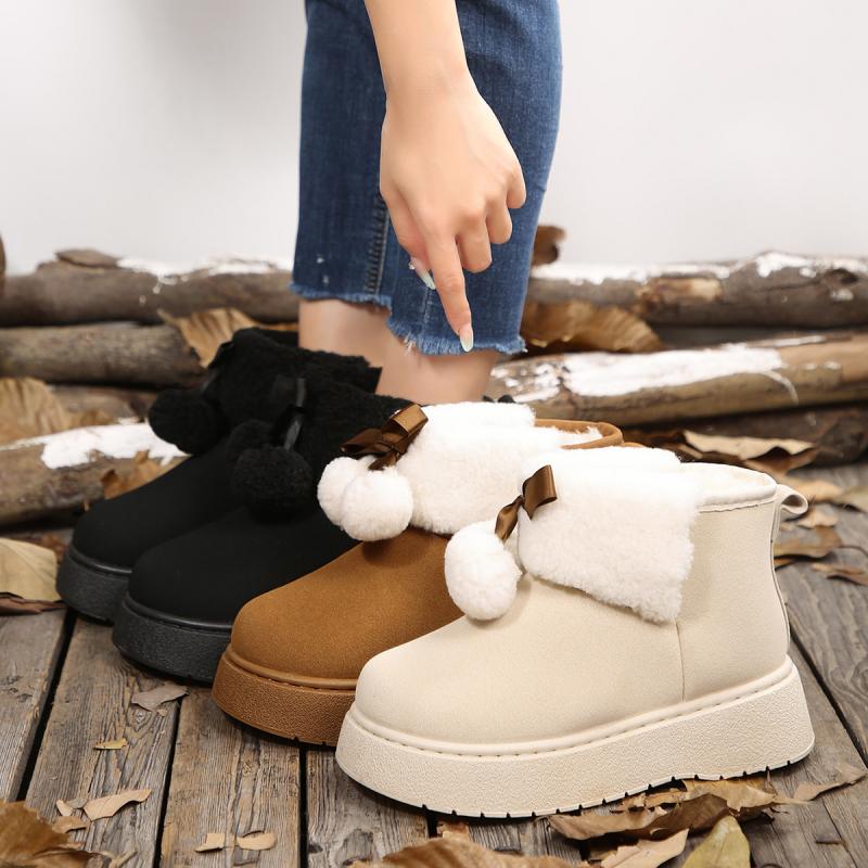 Soft Thick Bottom Furry Snow Boots Women 2025 Winter Chunky Platform Fluffy Fur Ankle Boots Cute Plush Ball Bowknot Cotton Shoes