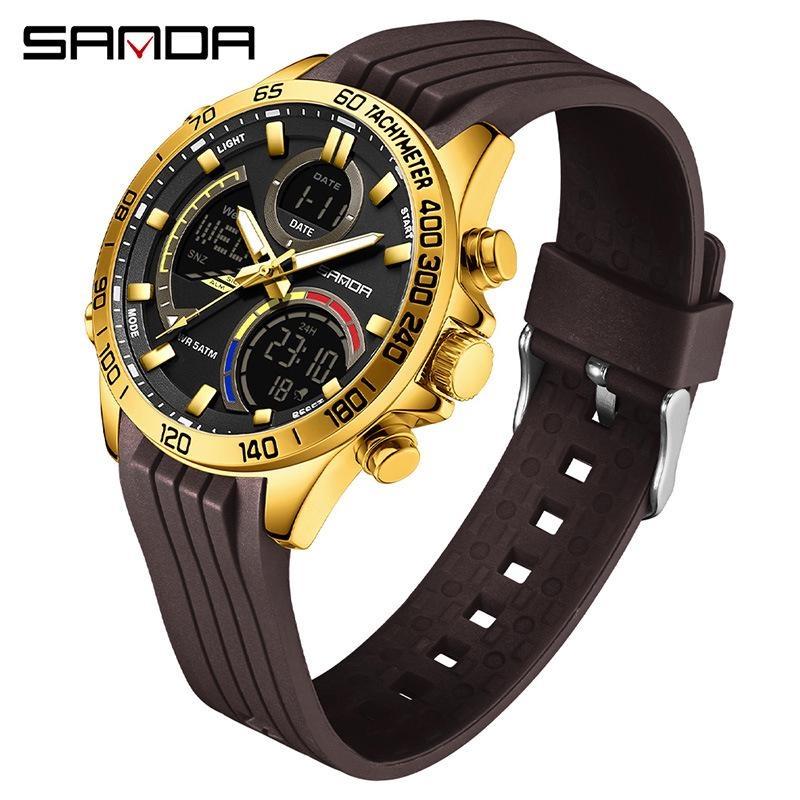 

SANDA Fashion Men s Electronic Quartz Watch Multifunction Chronograph Wristwatch Waterproof Silicone Strap Men s Digital Clock Silicone Strap кавовий/золотий