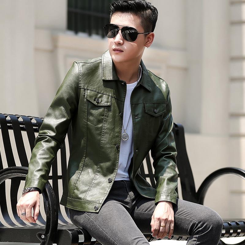 Neue Herbst Herren Slim Fit Koreanischer Stil PU Lederjacke mit Fake-Tasche