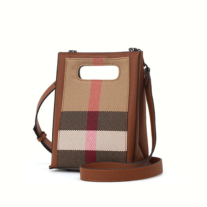 Aidrani Modische Damen-Karotasche, aus Canvas- und Rindsledermaterialien, karamellfarben, Mini-Hand-Crossbody-Tasche