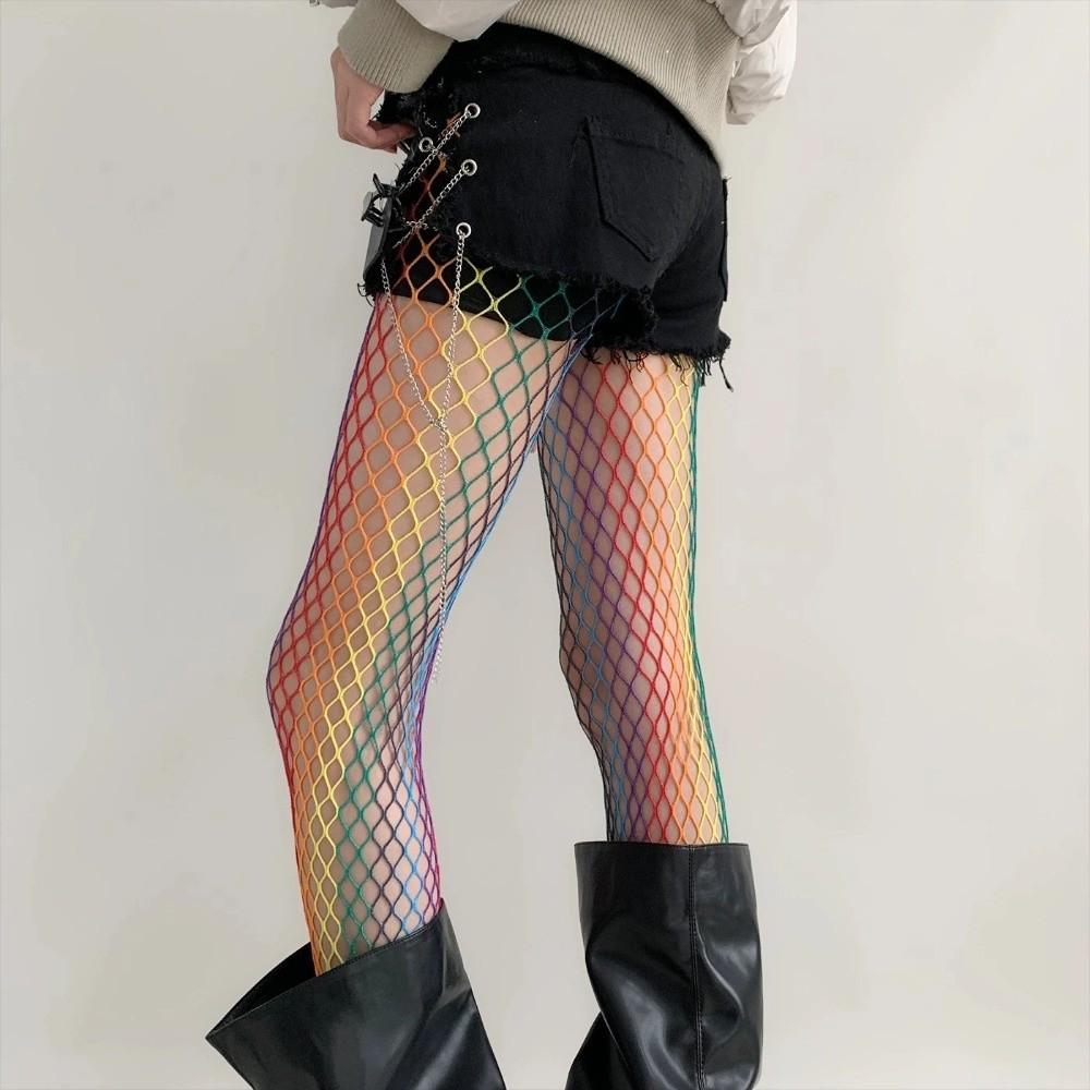 Y2K Rainbow Fishnet Stockings Dopamine Sexy Mesh Stockings Breathable Hollowed Out Pantyhose  Party