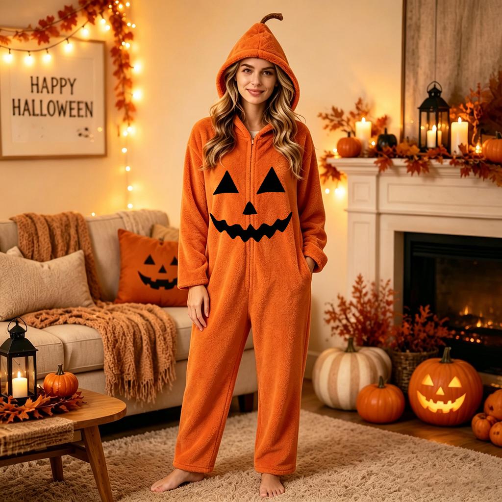 Damen Halloween Print Flanell Strampler Loungewear Set für gemütliches Entspannen