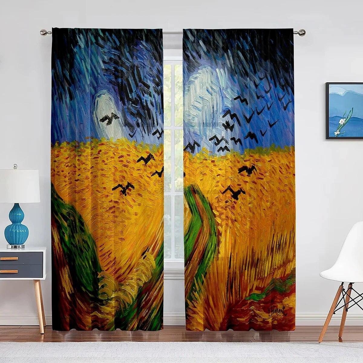 Korenveld met cipressen van Van Gogh Klassieke kunst Tule doorzichtige gordijnen Transparant raamgordijn voor woonkamer Slaapkamerdecoratie W50xH130(CM)x2PCS-Grommet Top