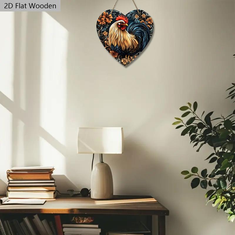 Heart-shaped Wooden Sign with Rooster Pattern, Decorative Plaque & Sign for Front Door Wall Hanging Decor, Ideal Home Hanging Decoration
