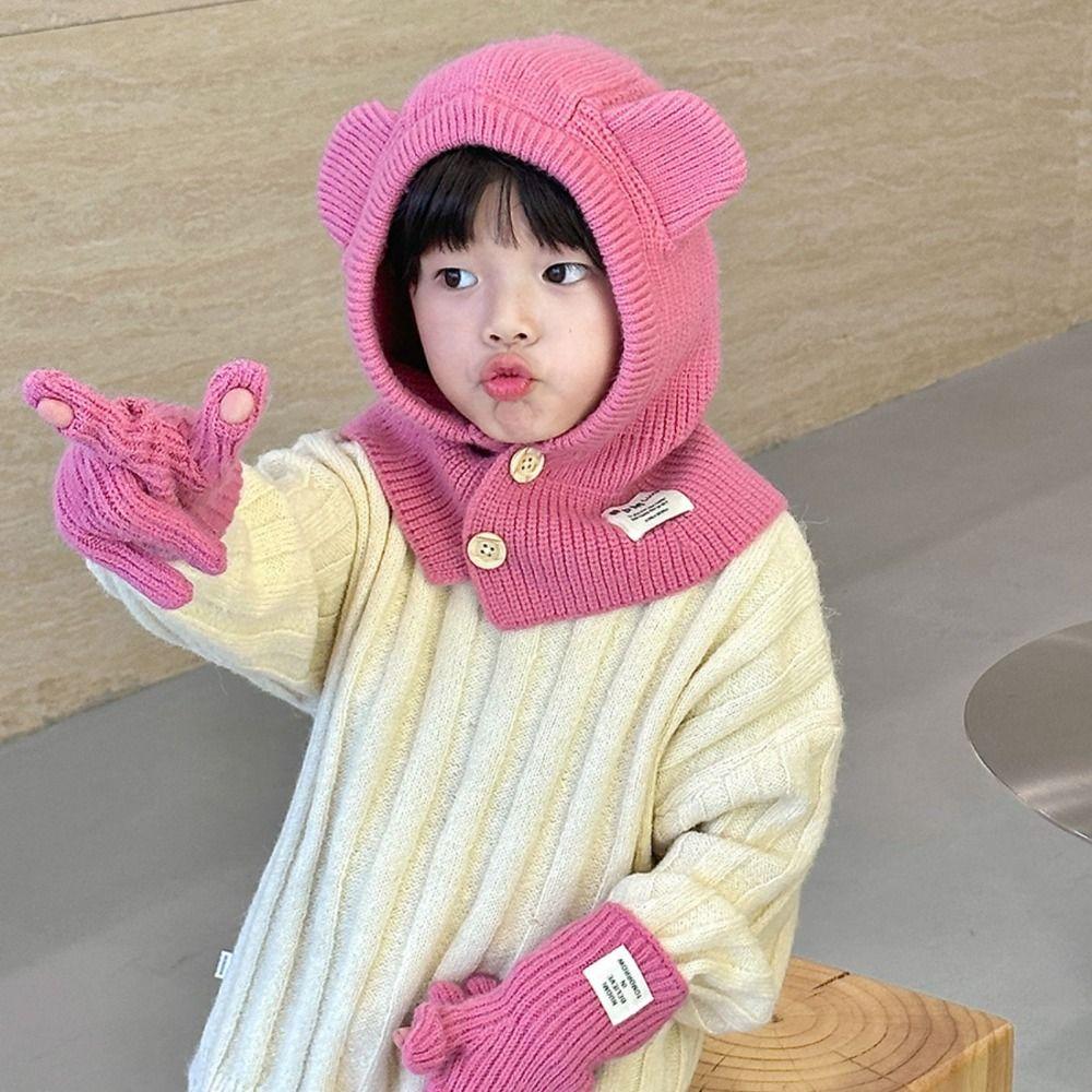 Boys Girls Bear Ear Knit Hats Soft Warm One Piece Scarf Cap Lovely Baby Hooded Hat  Toddler