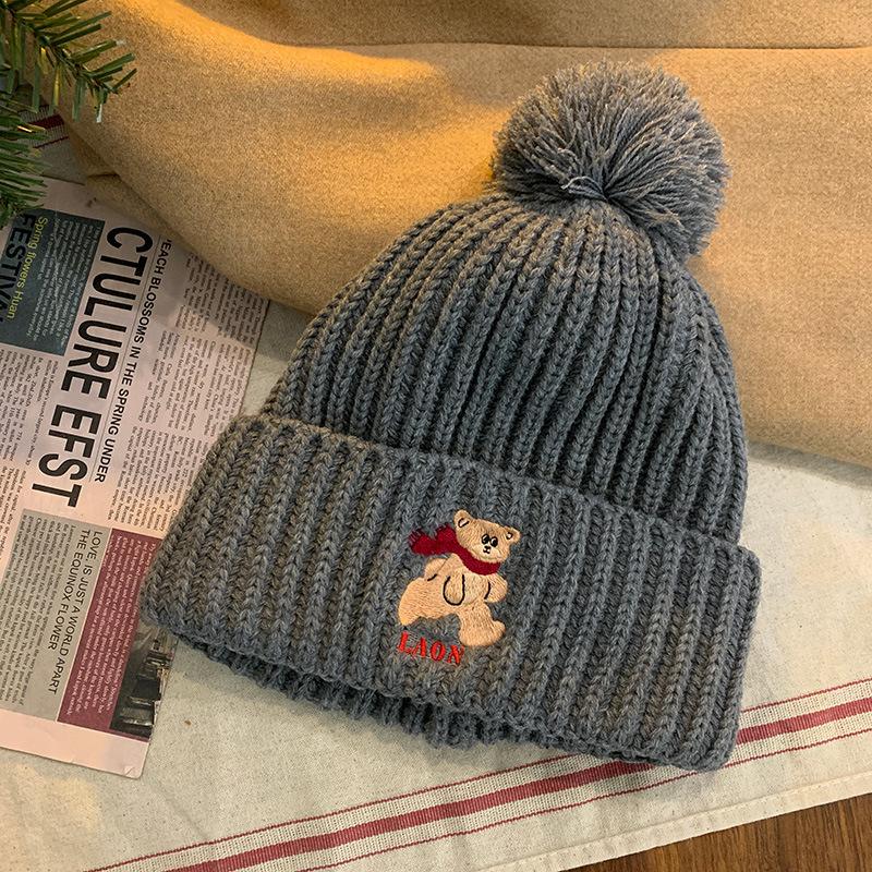 Cute Bear Coffee-colored Knitted Wool Hat for Women's New Winter Warm and Thickened Face Small Ear Protection Hat Tide