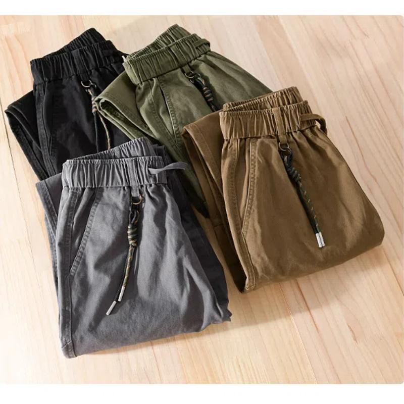American Cargo Pants Autumn Pure Cotton Comfortable Casual Men Pants Elastic Waist Black Ankle Tied Pant Vintage Men Trousers