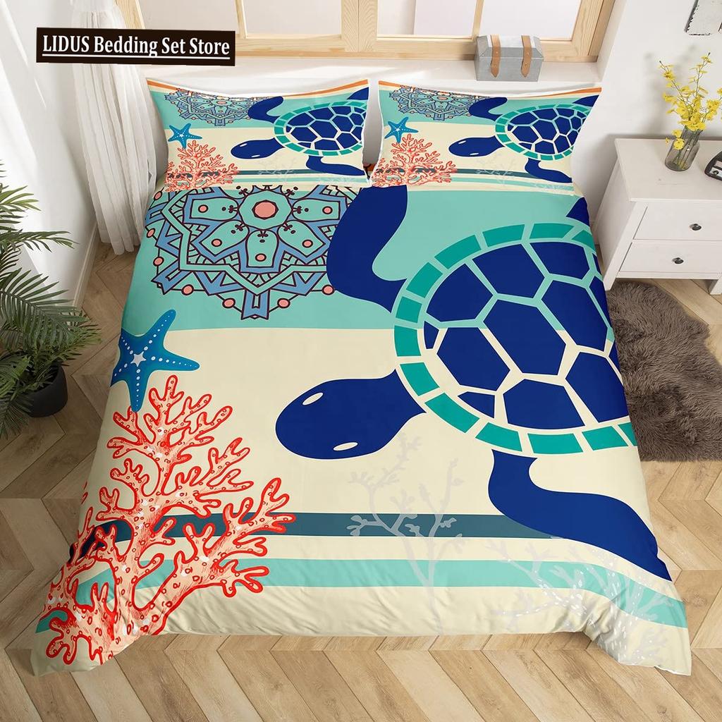 Sea Turtle Duvet Cover Set King Size Watercolor Tortoise Butterfly Comforter Cover For Boys Girly Dreaming Style Bedding Set
