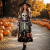 2026 Halloween Party Dress Women Skull Print V-Neck Long Sleeve A-Line Maxi Slim Fit Teen Girls Young Adults