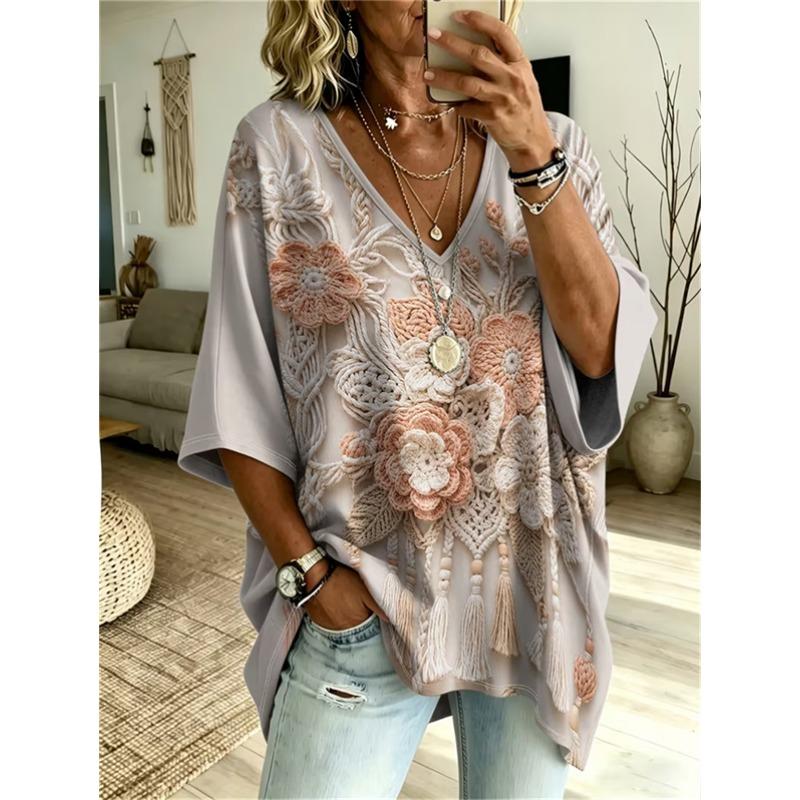 T-shirt da Donna Taglie Forti Scollo a V Maniche a Pipistrello Stampa Etnica Boemia Top Largo Estivo Comodo Traspirante Quotidiano Casual Stile Modellante