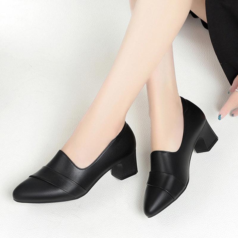 Fashion New Middle-aged Women's Pumps PU Leather Soft Sole  Non-slip Genuine Leather Casual 2024 Spring Non-slip Mid-heel Single Shoes