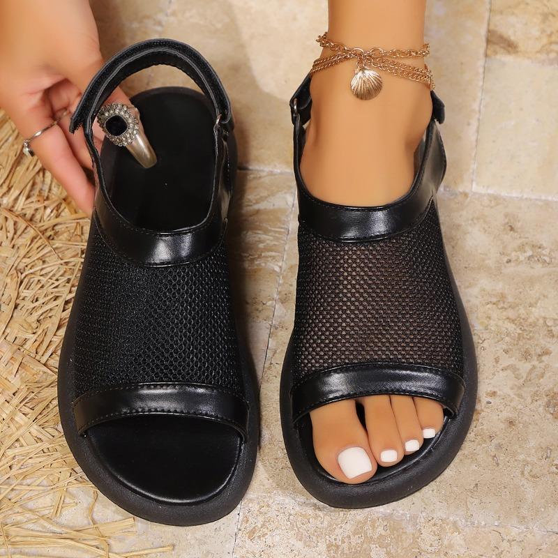 Fashion Platform Sandals Summer New Round Toe Shallow Mouth Open Toe Paneled Mesh Breathable Metal Slip Strap Soft Slip Flats