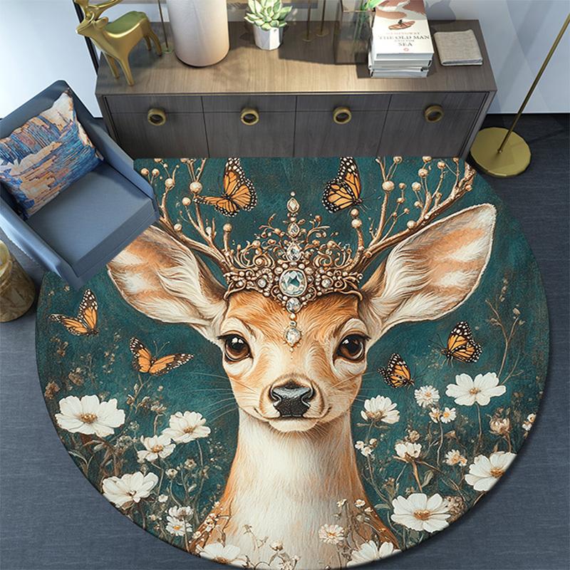 Deer with Flowers Round Area Rug,Carpet Rug for Living Room Bedroom Sofa Playroom Decor,Non-slip Floor Mat