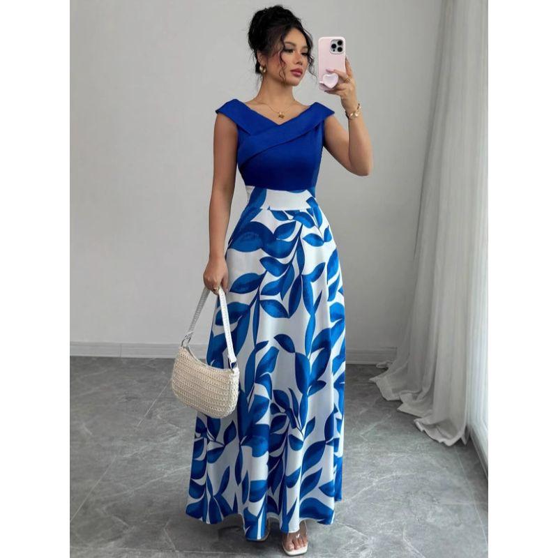 

Vacuum Style Dress2025 Women clothes Summer Flower Print Exotic Holiday Style Elegant Dress Blue XXL