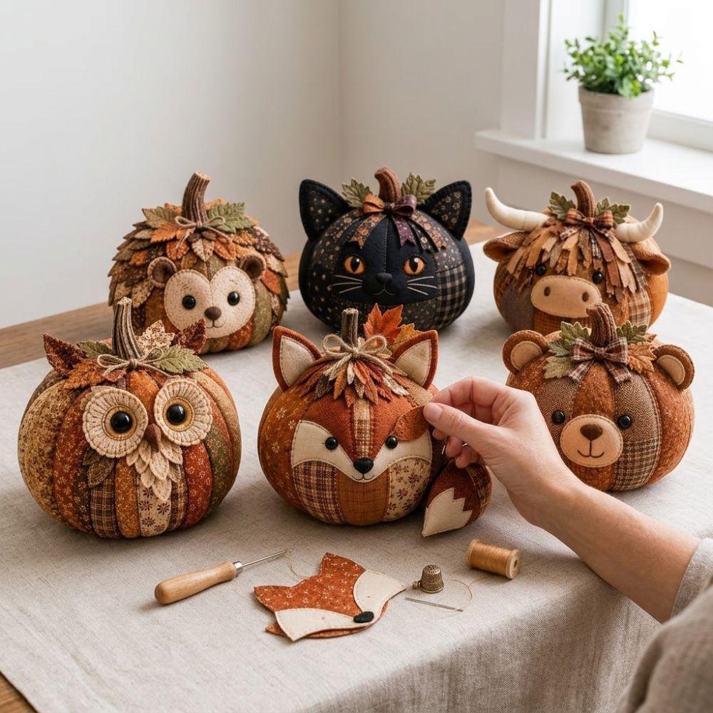 Vintage Style Whimsical Patchwork Pumpkin Fabric Kit Fall Animal Stuffed Patchwork for Hobbyists