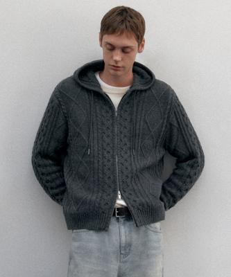 Aran Cable Knit Hooded Zip-Up [Medium Gray]