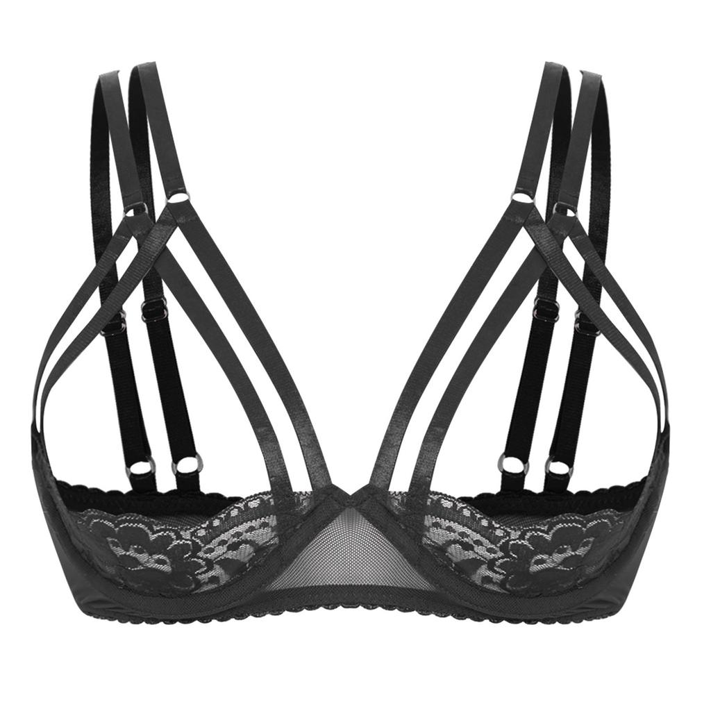 Womens Lace Underwire Bra Quarter Cup Balconette Double Strap Push Up Top Date Night Party Lingerie