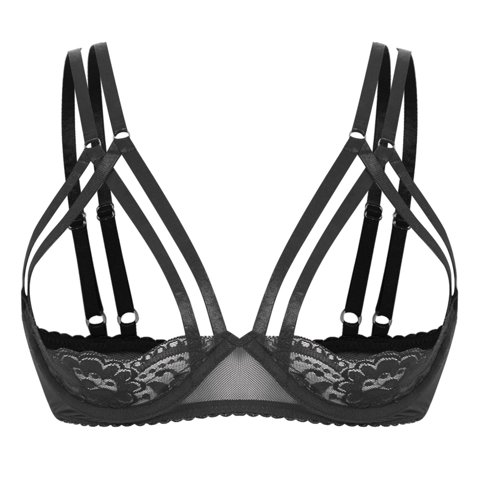

Жіночий мереживний бюстгальтер на кісточках, чашка 1/4, балконет, подвійні бретелі, пуш-ап топ, білизна для побачення, вечірки M чорний