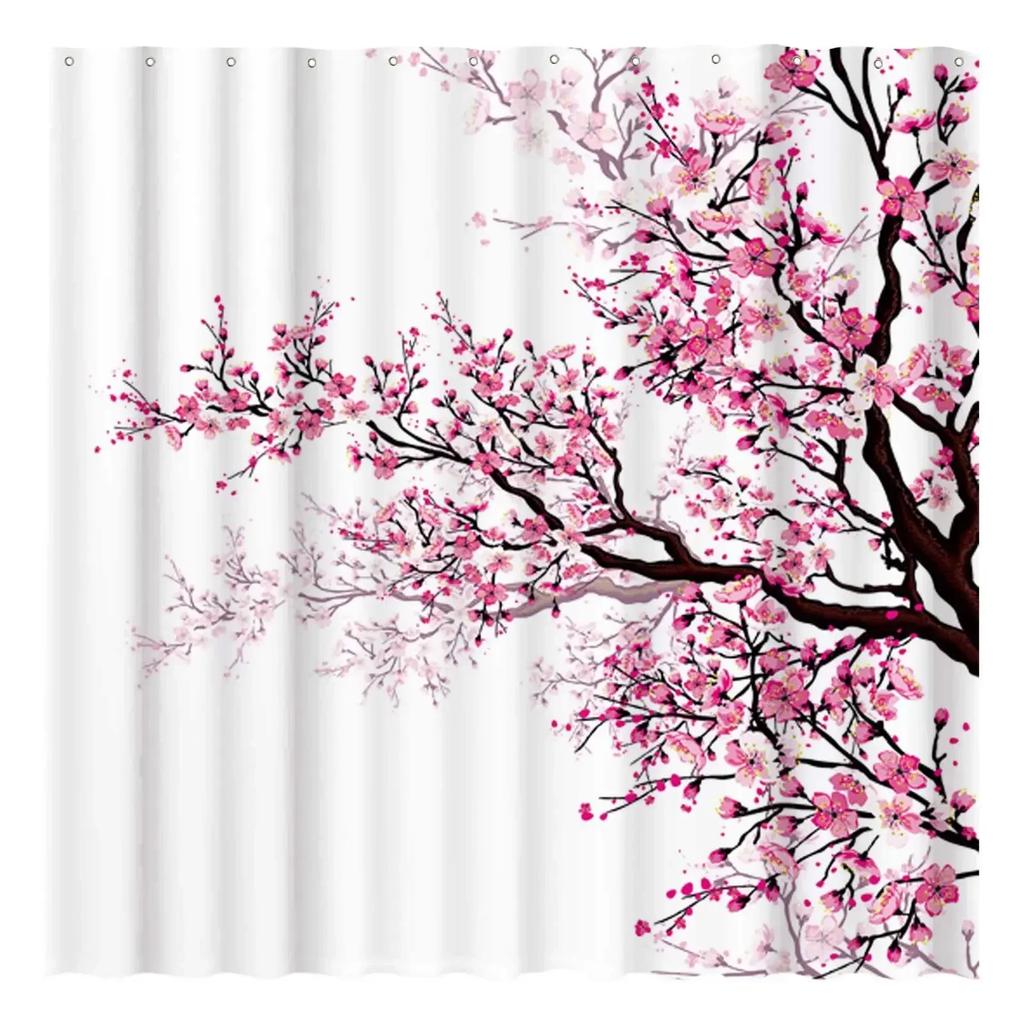 Pink Cherry Blossom Peach Blossoms Shower Curtain Set Flowers White Background Girl Bathroom Polyester Cloth Screen 12 With Hook