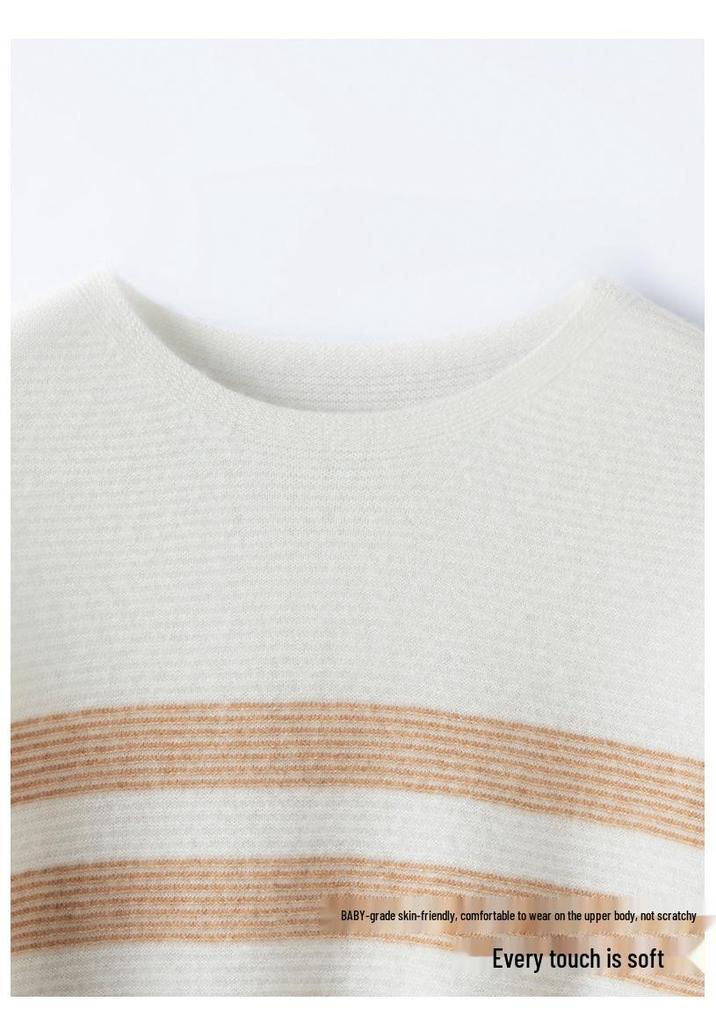 Women's Knit Striped Base Layer Shirt, Long Sleeve, Loose Fit, Warm, Versatile, Round Neck, Cashmere Sweater for Autumn/Winter.
