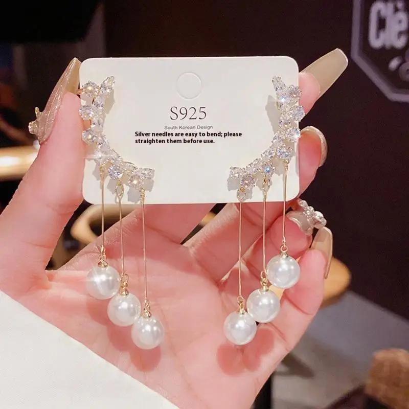 1 Pair Dangle Earrings Bowknot Shape Shining Rhinestones Lady Earrings Heart Imitation Pearls Tassel Jewelry Accessory