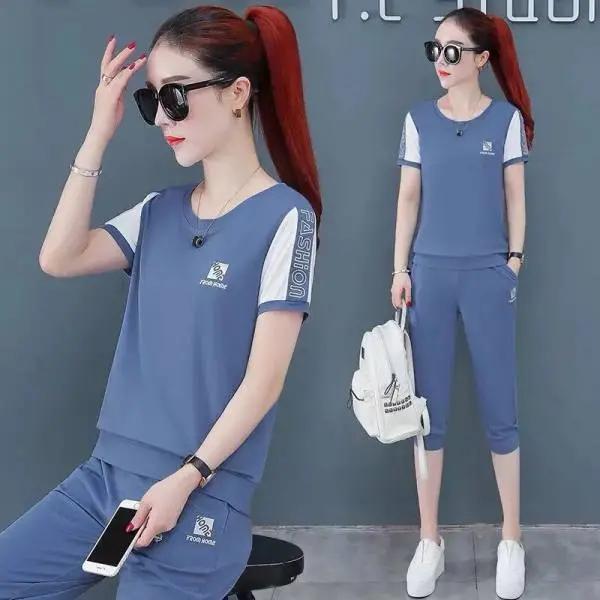 Damen Sommer Casual Schlankmachender Sportanzug Kurzärmeliges Rundhals-T-Shirt+Cropped-Hose Zweiteiliges Set