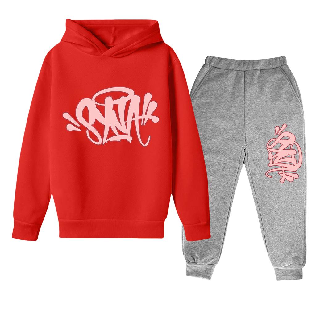 Kinder Langarm Lockerer Pullover Buchstaben-Print Kordelzug Kapuzen-Sweatshirt Set