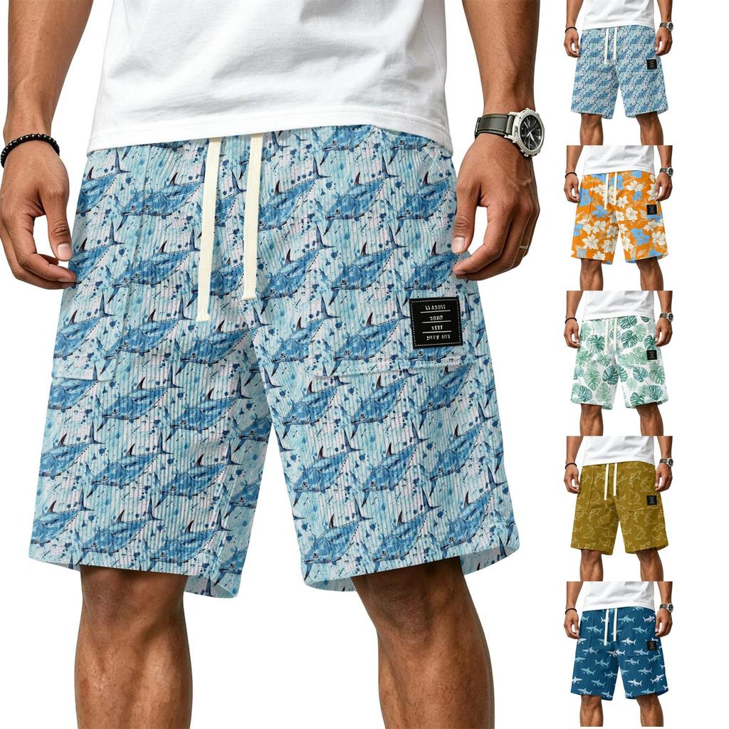 Men Corduroy Drawstring Shorts with Tropical Leaf Print Elastic Waist Casual Fit Summer Beachwear Classic Wear Style 1979