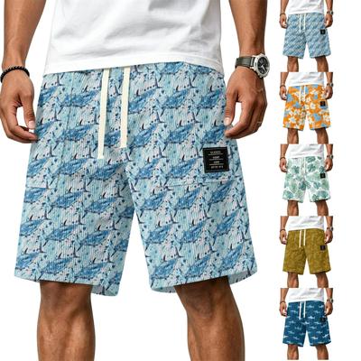 Men Corduroy Drawstring Shorts with Tropical Leaf Print Elastic Waist Casual Fit Summer Beachwear Classic Wear Style 1979
