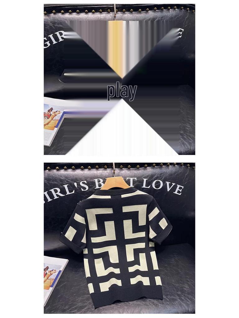 Men's Geometric Pattern Slim Fit Short-Sleeve Knitted T-Shirt