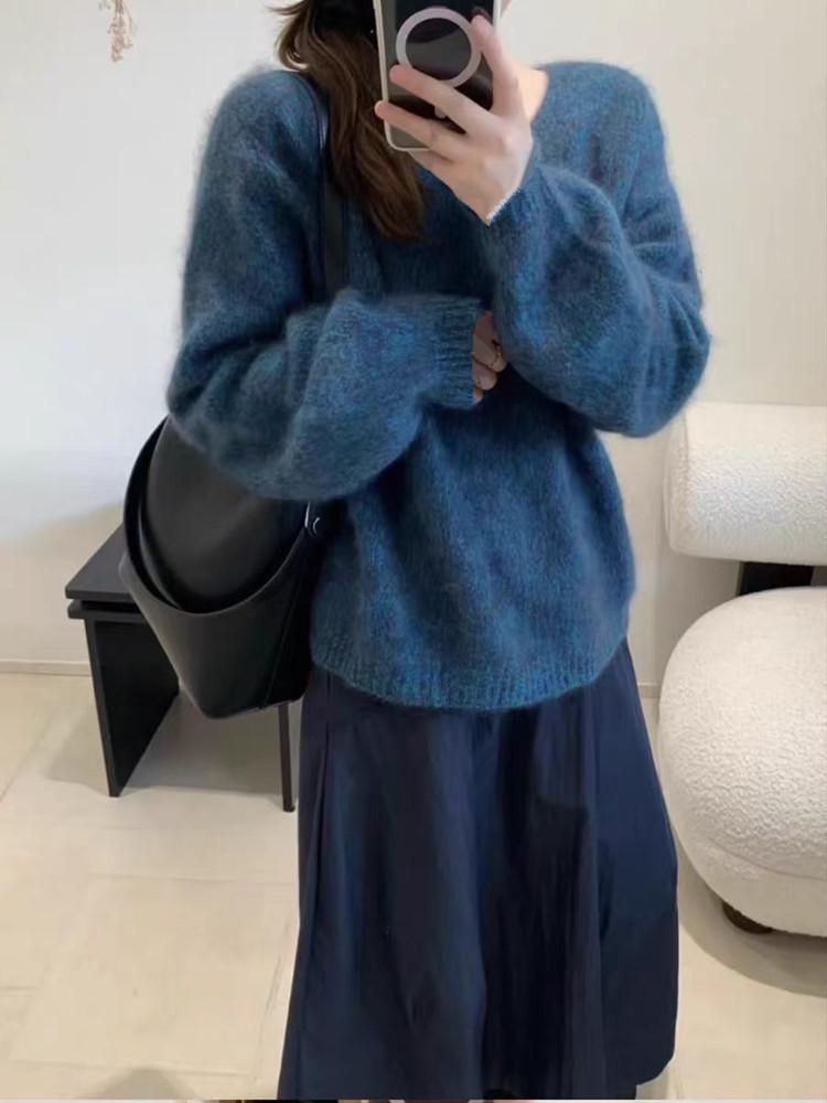 Women's Heavyweight Brushed Wool Pullover - Cozy, Heathered Yarn, Loose Fit, Round Neck, Versatile Knitwear for Autumn/Winter