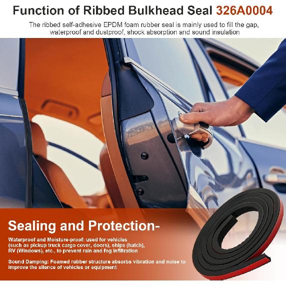 Ribbed Bulkhead Seal Strip 326A0004 3/5 In X 65 In, Tonneau Cover Ribbed Seal Strip Self-Adhesive EPDM Foam Rubber Seal Compatible With RV, Boat,