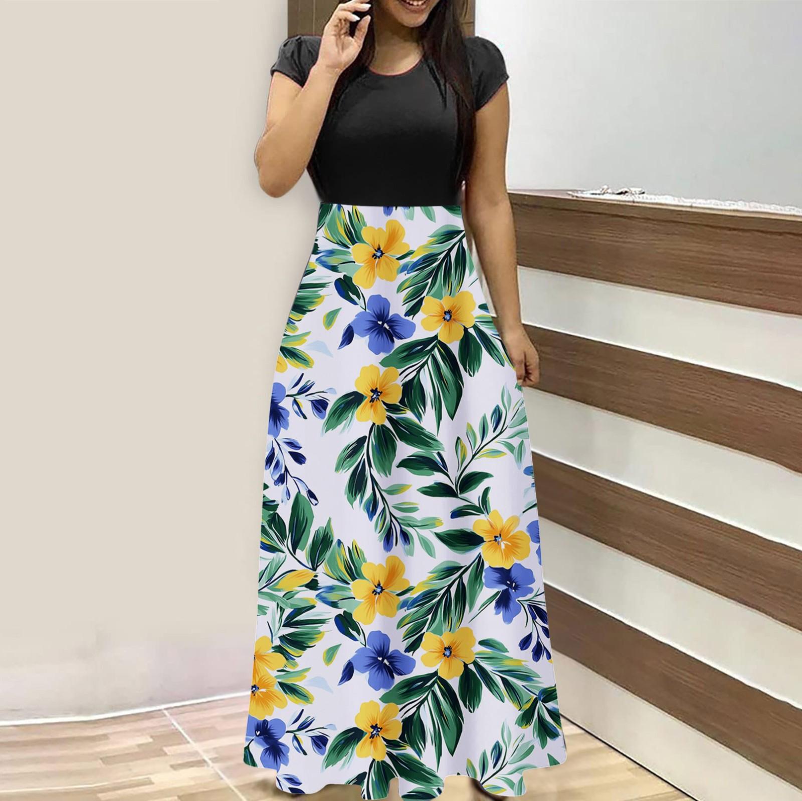 

Жіноча мода, повсякденні, вільні, з круглим вирізом, короткими рукавами, довгі сукні з короткими рукавами, довгі сукні M