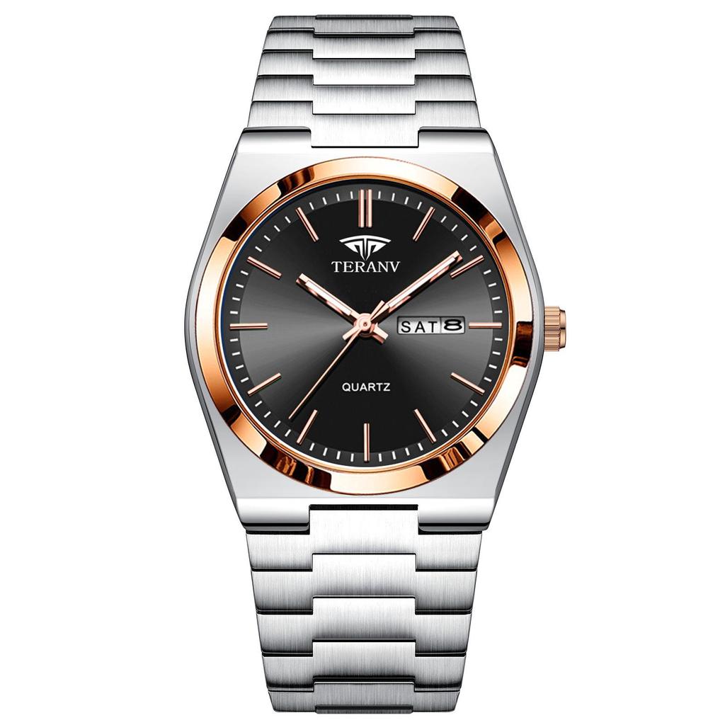 Men's Ultra-Thin Luminous Quartz Watch with Steel Band and Double Calendar, Waterproof.
