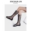 Summer Roman Tall Leather Mesh Boots Women'S Flat Bottom Hollow Back Zipper Cool Boots Woven Long Sandals