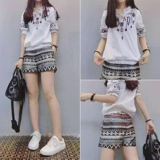 Korean Women's Summer Casual Embroidered T-Shirt & Shorts Set