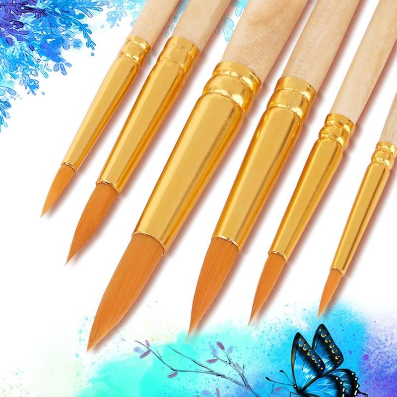 6 Pack Nylon Hair Art Paint Brushes Different Sizes Tips for Acrylic Oil Watercolor Face Rock Painting Art Students Gift