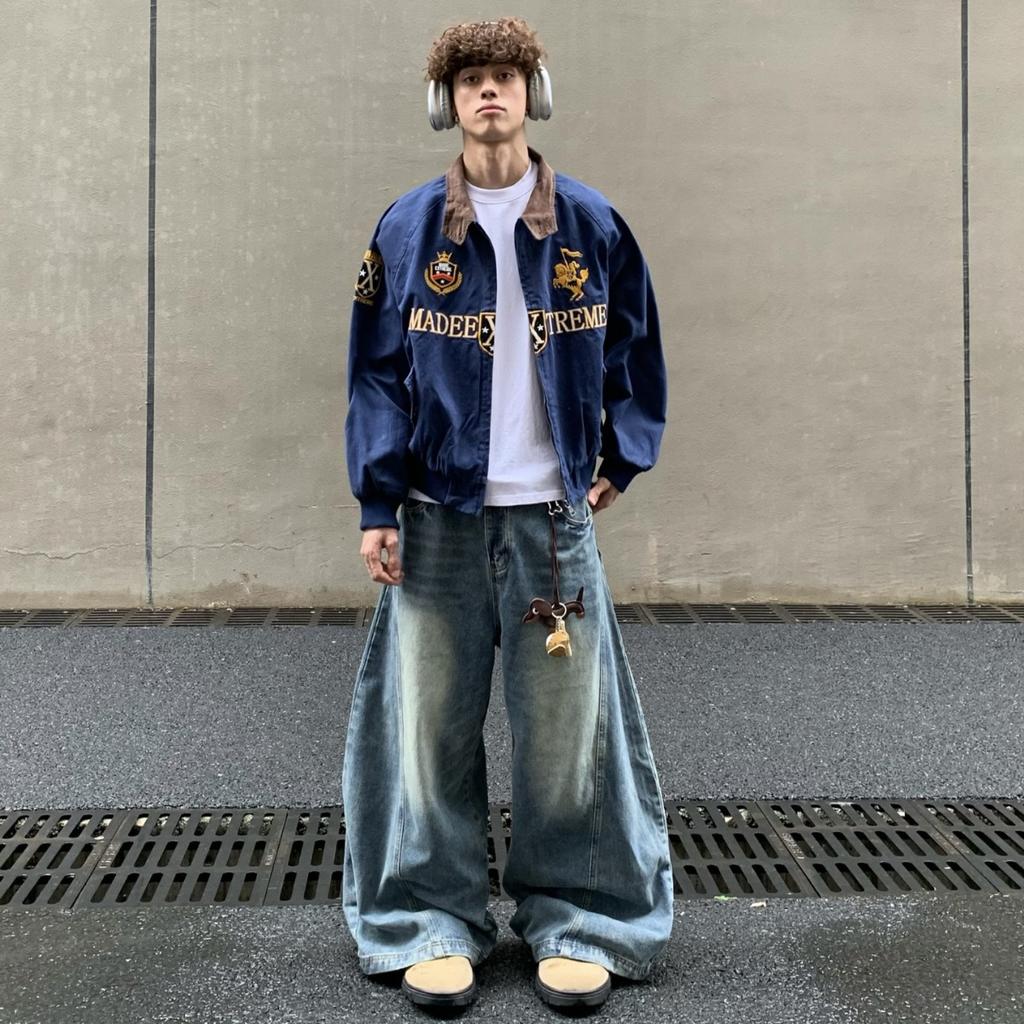 ZYLLO Veste à fermeture éclair tendance brodée style rétro vintage américain Homme Hip Hop Col à revers Bomber Y2K Streetwear Vestes décontractées amples