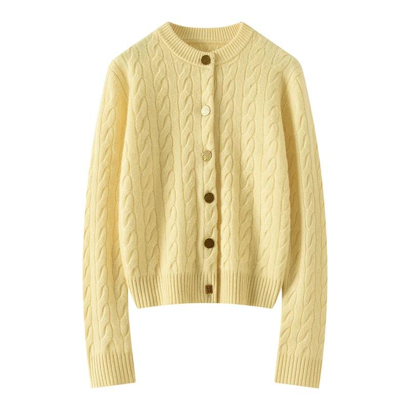 Women's Heavy Cable Knit Cashmere Cardigan - Round Neck, Long Sleeve, Autumn/Winter Style Sweater Coat
