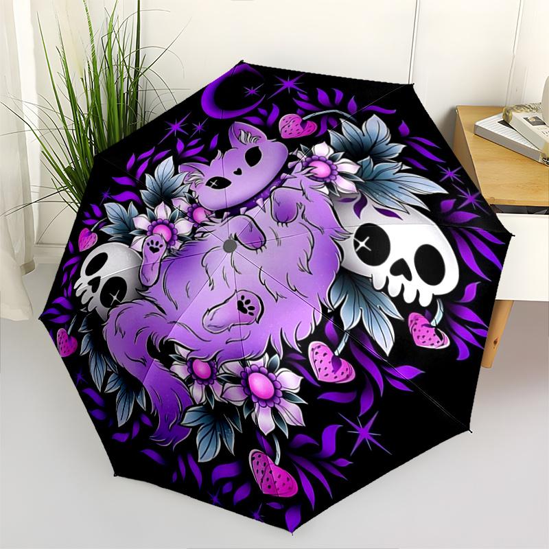 

1pc Pastel Cat and Skulls Pattern Automatic 3 Fold Umbrella, 8 Iron Frames, High Value Folding Umbrella, Suitable for Office, Travel and Outdoor