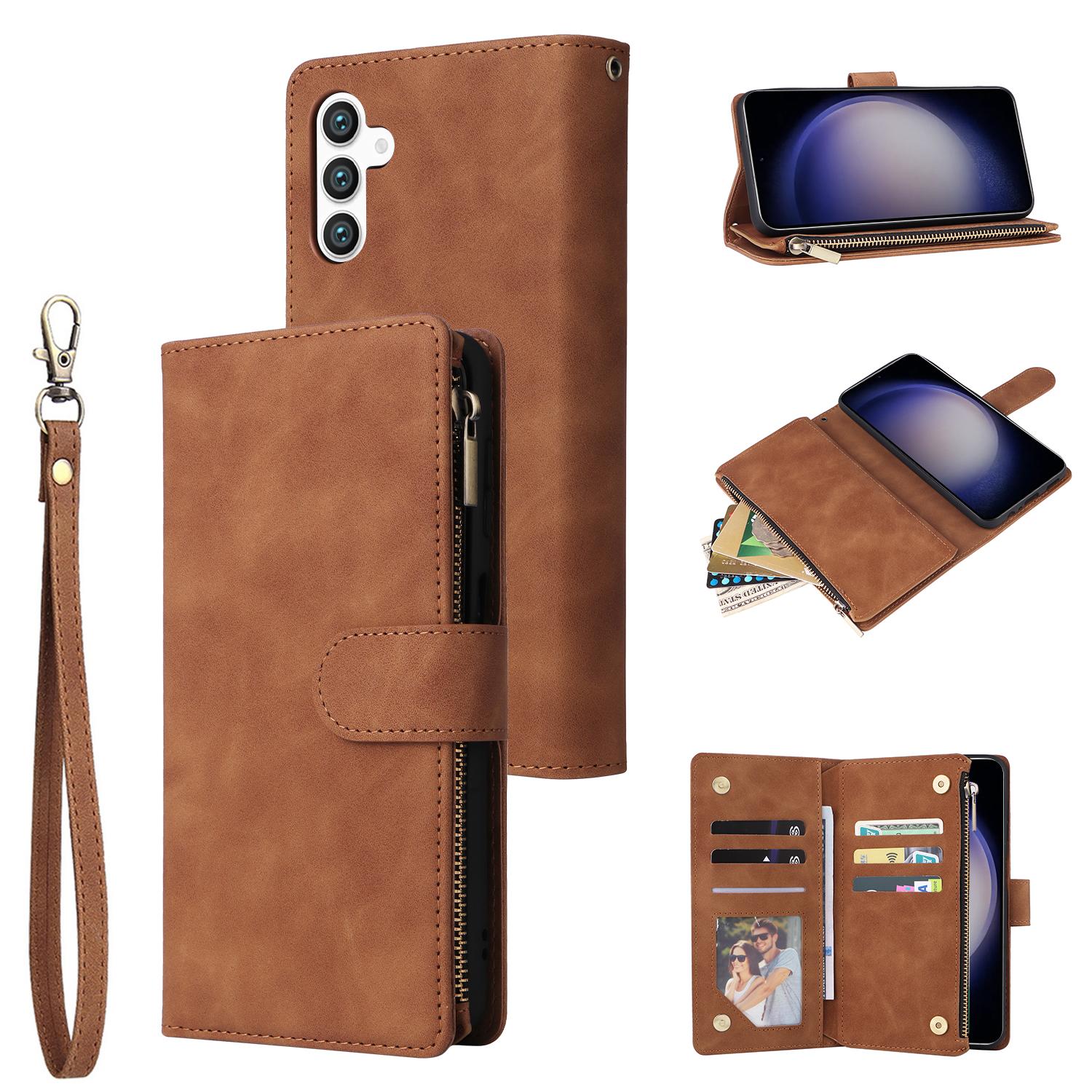 

For Samsung Galaxy S24+ Case Multiple Card Slots PU Leather Zipper Pocket Cover Brown