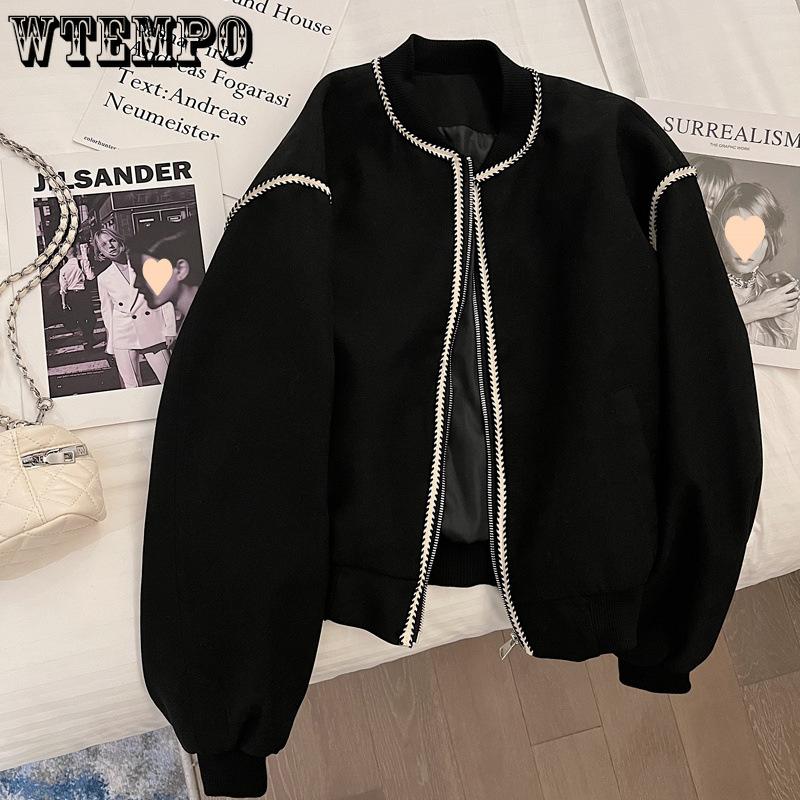 Women's Baseball Jacket Spring and Autumn Style Chic and Elegant Black Top Short Jacket