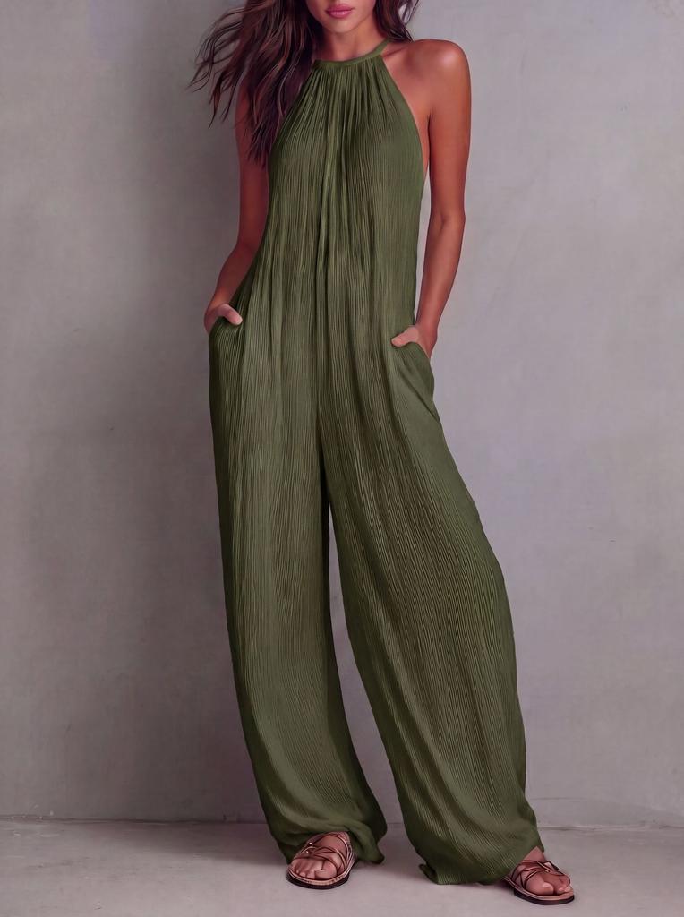 2026 women's clothing European and American vacation style white pleated backless wide-leg jumpsuit