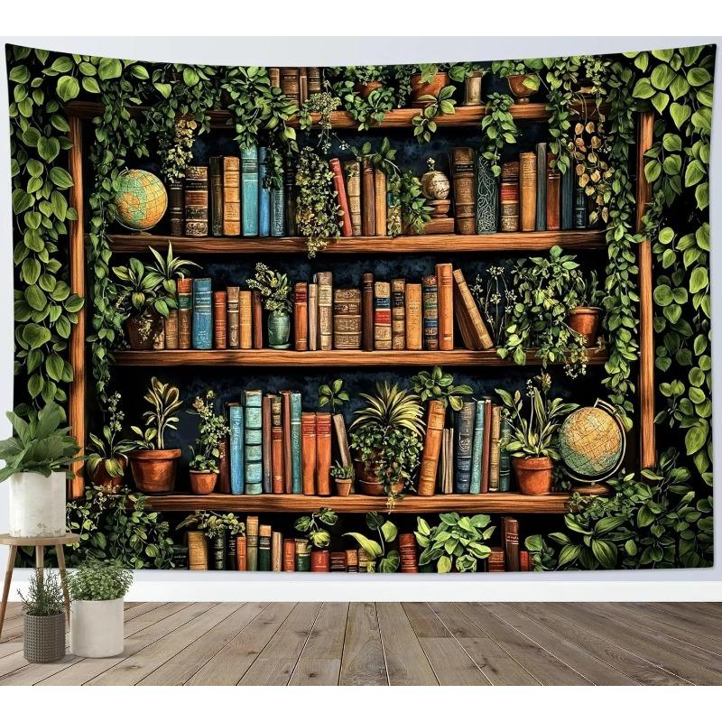1pc Retro Library Tapestry Multiple Sizes 2D Print Vintage Book Green Plant Design Polyester Fiber Classroom Dorm Decor Scholar