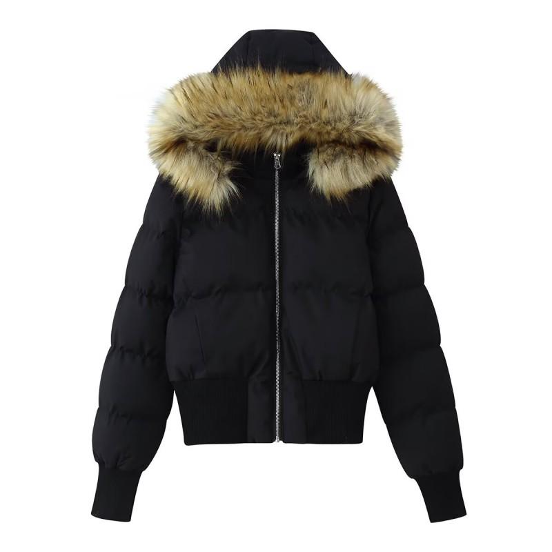 Womens Winter Hooded Cotton-Polyester Jacket With Faux Fur Trim Casual Coat Short Length