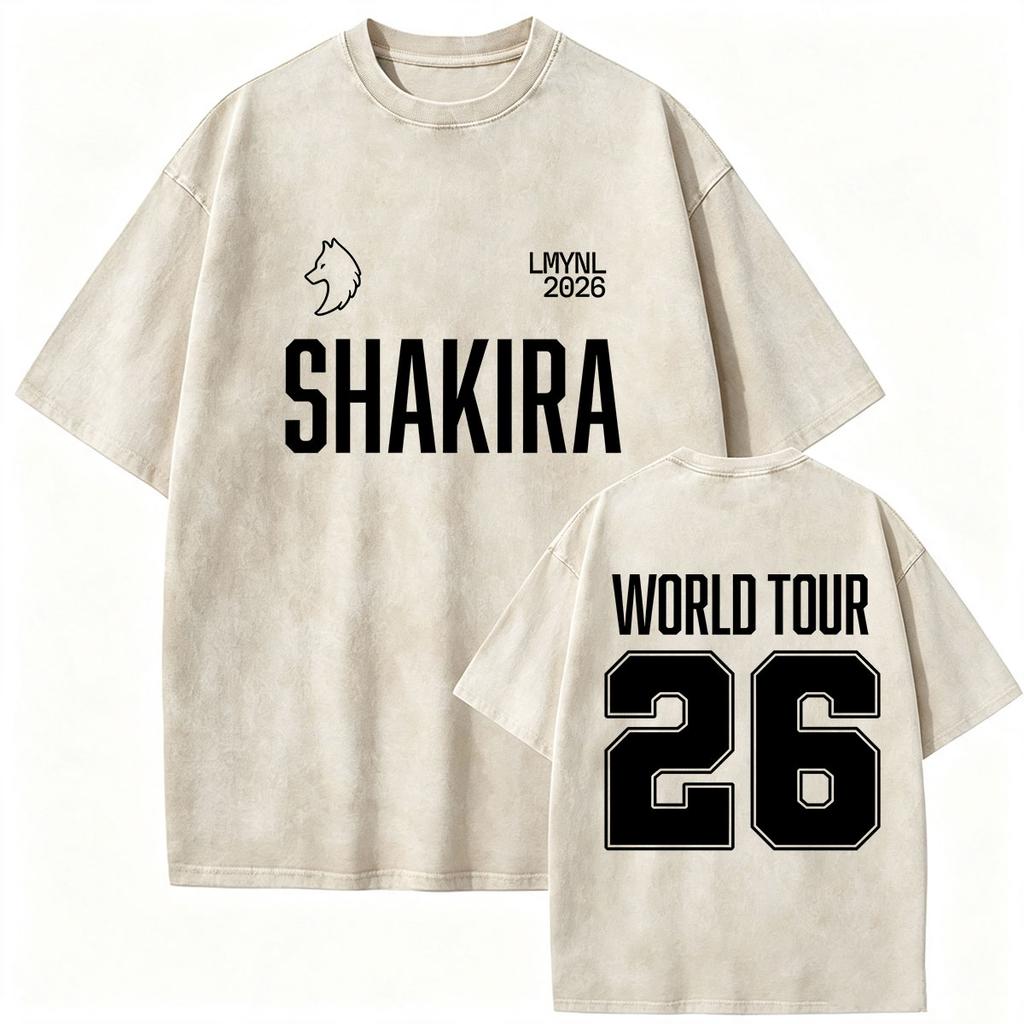 Retro Gewaschen Shakira LMYNL Welttournee 2026 T-Shirts Las Mujeres Ya No Lloran Doppelseitiger Druck T-Shirt Herren Damen Oversized T-Shirts
