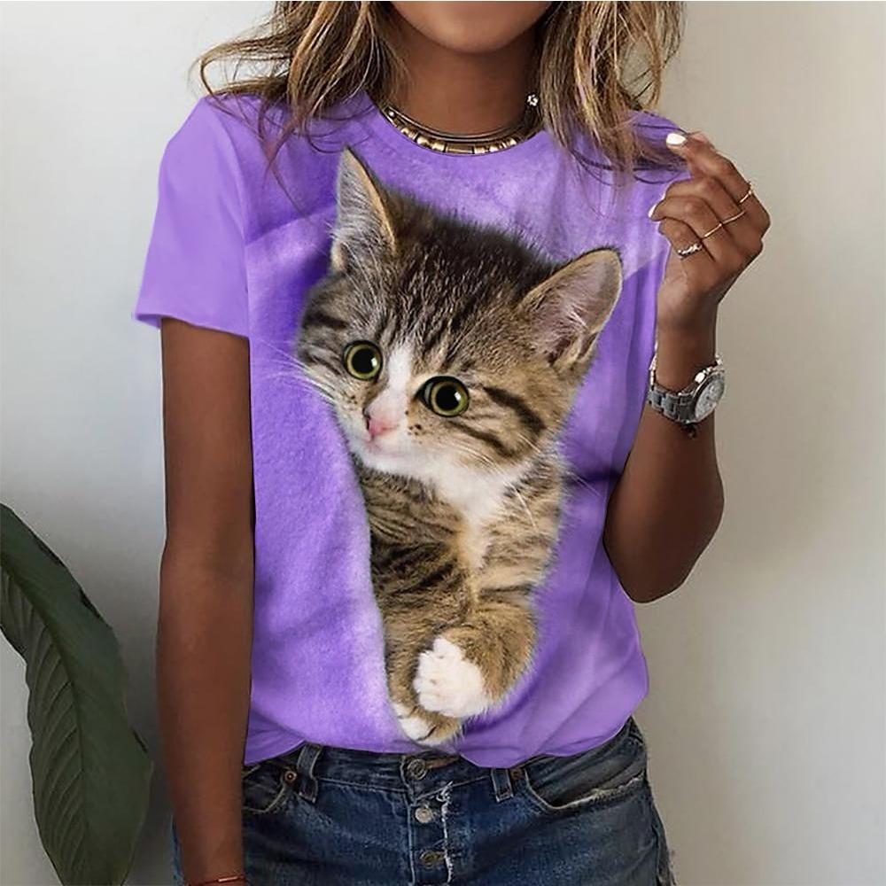 3d Kawaii Cat Print Trička Dámská trička Legrační móda Krátký rukáv Top Ženy Y2k Oversized Dámské Oblečení Estetika Trička